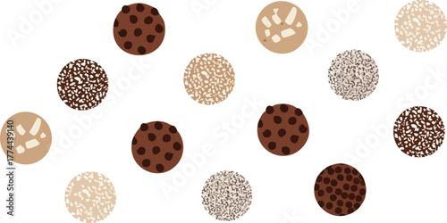 An assortment of circular confectionery items featuring chocolate chip patterns, textured sprinkles, and solid designs in brown and beige tones, scattered on a white background.