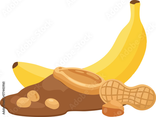 A vibrant illustration of a banana, peanut butter, and peanuts, showcasing a healthy snack.