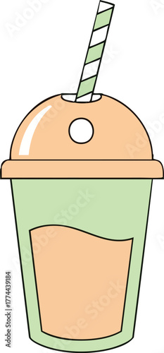 A simple cartoon illustration of a cold beverage in a disposable cup with a domed lid and a green and white striped straw.