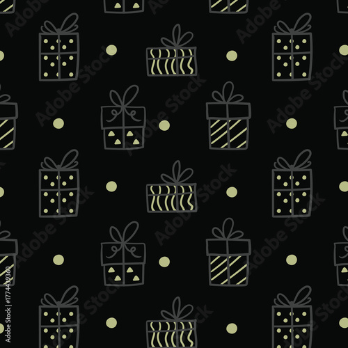 Seamless pattern different New Year, birthday gifts. Stars, dots. Wrapping paper pattern, bows and ribbons. Hand drawn Doodle New Year or Birthday gift boxes. Vector illustration. 