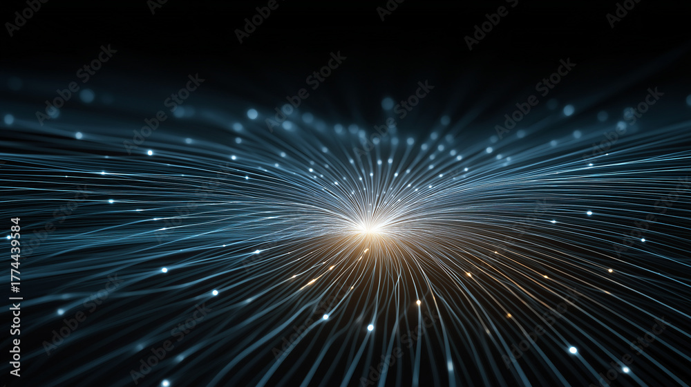 Obraz premium Data Symphony: A luminous center radiates energy, emanating a network of illuminated threads against a backdrop of darkness.
