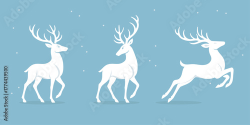 Set of White Christmas Reindeer Silhouettes in Different Poses on Snowy Light Blue Background