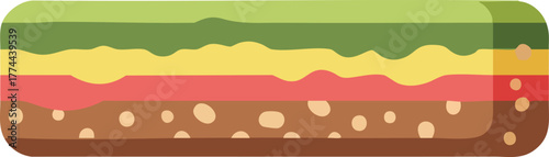 A stylized graphic illustration of a cross-section of soil layers, showing different geological strata in various colors and textures.
