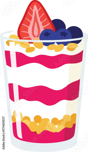 A vibrant illustration of a fruit parfait in a glass with layers of yogurt, granola, strawberries, and blueberries.