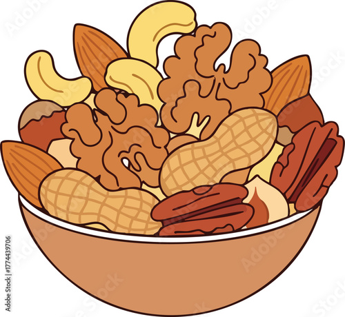 A colorful illustration of a bowl filled with a variety of nuts, including almonds, walnuts, cashews, peanuts, and pecans.