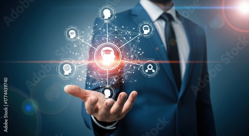 Technology for knowledge management and education Businessperson holding network structure and head icons cognition,management,business,intelligence,intellectual,education,sharing,technology,transfer,