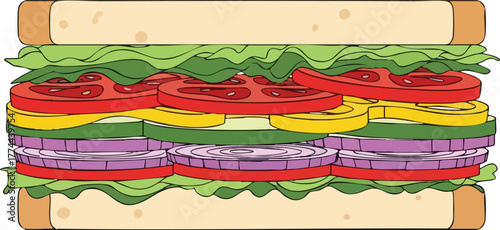 A colorful cartoon illustration of a large, layered vegetable sandwich with fresh ingredients.