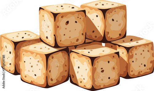 A pile of golden brown croutons or tofu cubes isolated on a white background.