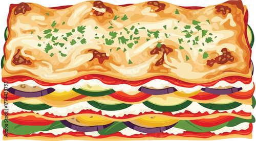 A delicious and colorful vegetable lasagna with layers of pasta, cheese, and fresh vegetables.