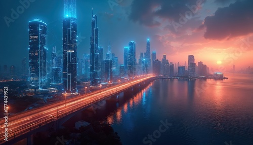 Futuristic smart city with glowing blue skyscrapers at sunset. Traffic creates orange light trails on bridge over water. Modern metropolis skyline reflects in bay. Urban landscape represents big