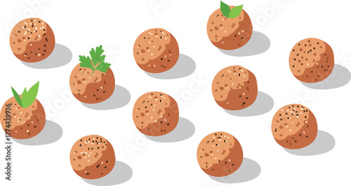 An overhead view of ten delicious-looking, round, brown falafel or meatballs, some garnished with fresh green herbs, casting shadows on a white surface.