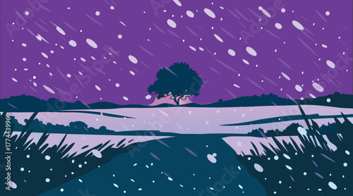 Vector landscape of a lone tree silhouette on stormy sky, with path and falling rain or snow
