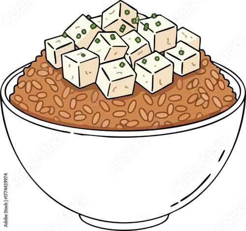Illustration of a bowl of rice topped with tofu cubes.