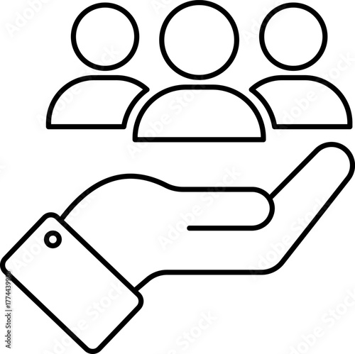 Helping hand line icon symbolizing donation, charity, and support in clean outline style for social or humanitarian design themes