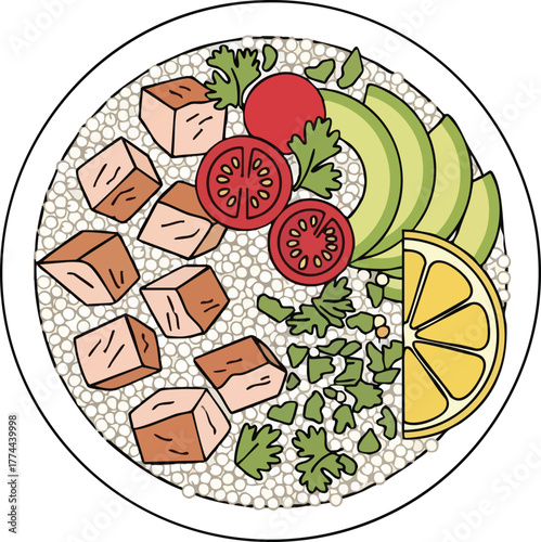 A colorful and healthy poke bowl with quinoa, chicken, avocado, tomatoes, and lemon.