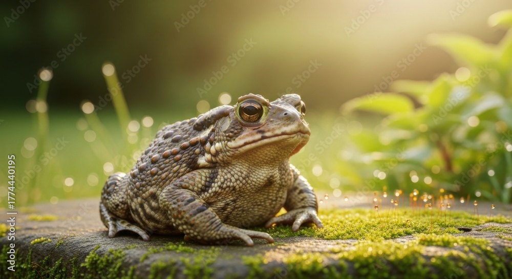 Obraz premium A close-up portrait of a toad perched on a mossy stone, basking in sunlight.