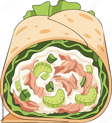 A delicious-looking chicken salad wrap with lettuce, celery, and creamy dressing is shown in a cartoon style.