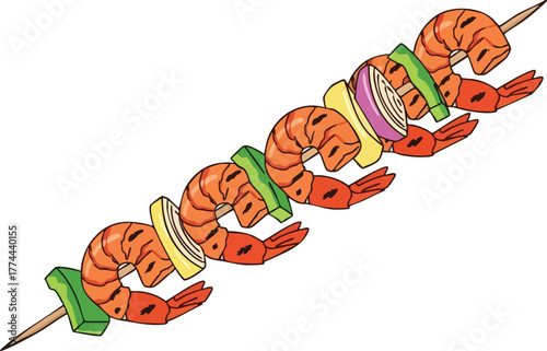 A colorful cartoon illustration of a grilled shrimp and vegetable kebab skewer on a white background.