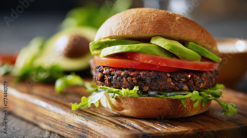 Vegetarian burger with black bean patty, avocado, tomato, lettuce and whole grain bun, symbol of healthy eating and plant based diet concept