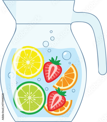 Infused water in a glass pitcher with lemon, lime, orange, and strawberries.