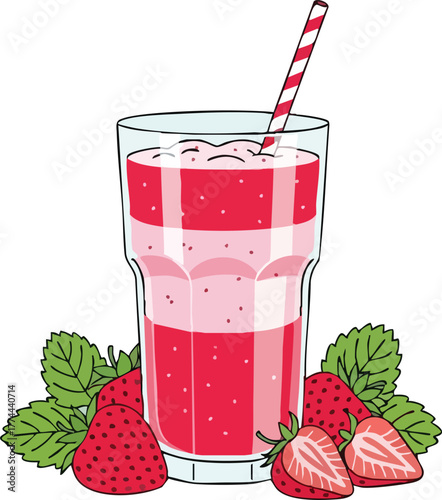 Illustration of a strawberry smoothie in a glass with a straw and fresh strawberries.