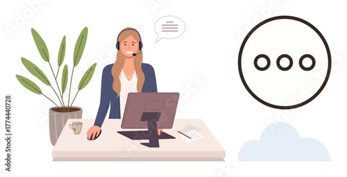 Female support agent in headset at desk, engaging in communication. Ideal for customer service, communication, teamwork, technology, remote work, professional assistance, simple flat metaphor