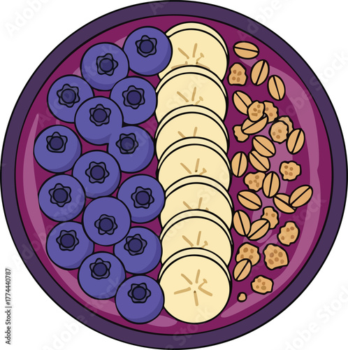 Top-down vector illustration of a healthy açaí smoothie bowl topped with fresh blueberries, sliced bananas, and granola.