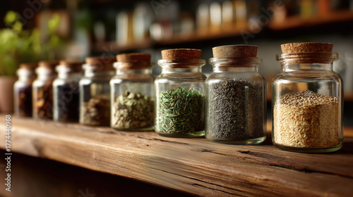 Row of glass jars with dried herbs, spices and tea leaves on kitchen shelf, symbolizing organic ingredients and natural lifestyle concept