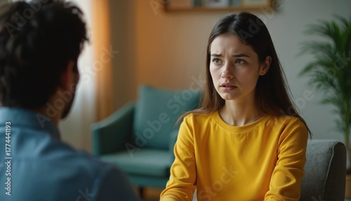 Concerned young woman serious conversation with man indoors. Listens with worried expression during difficult discussion. Couple facing relationship problems, conflict visiting psychologist.