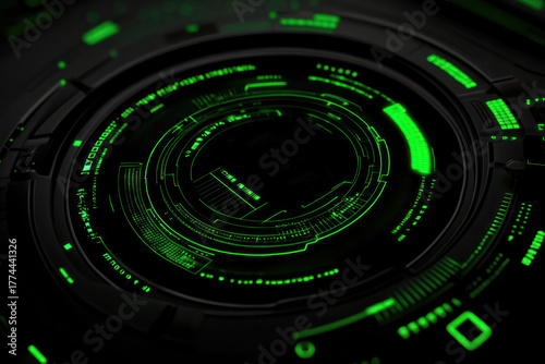 Dark glowing light green digital UI and science fiction circular holograms on a black background. Digital UI and circular hologram technology.