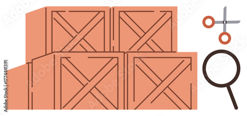Stacked wooden crates beside magnifying glass and scissors convey storage, inspection, and organization. Ideal for logistics, shipping, warehouse management, supply chain, quality assurance, process
