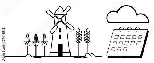 Windmill, corn, wheat, cloud, and calendar suggesting sustainable farming, harvest planning, and renewable energy. Ideal for agriculture, sustainability farming schedule rural lifestyle