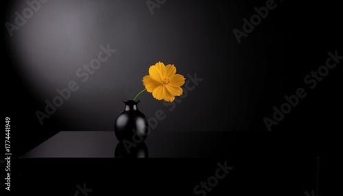 yellow flower in black vase on black background