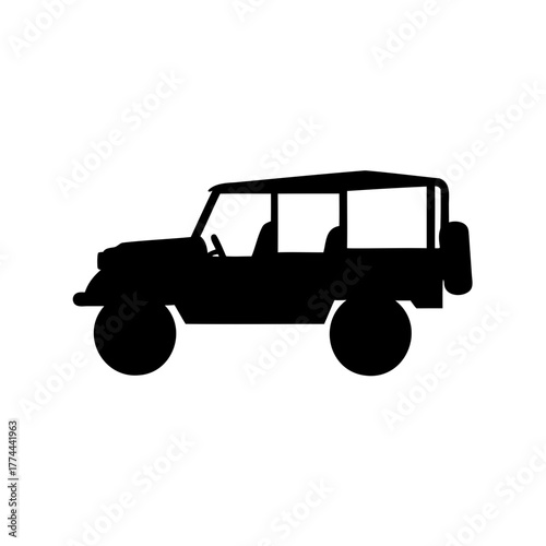 Black silhouette of a vintage fourwheel drive jeep on a white backdrop