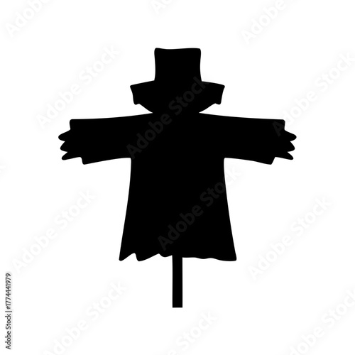 A black silhouette of a scarecrow with a hat and stick body