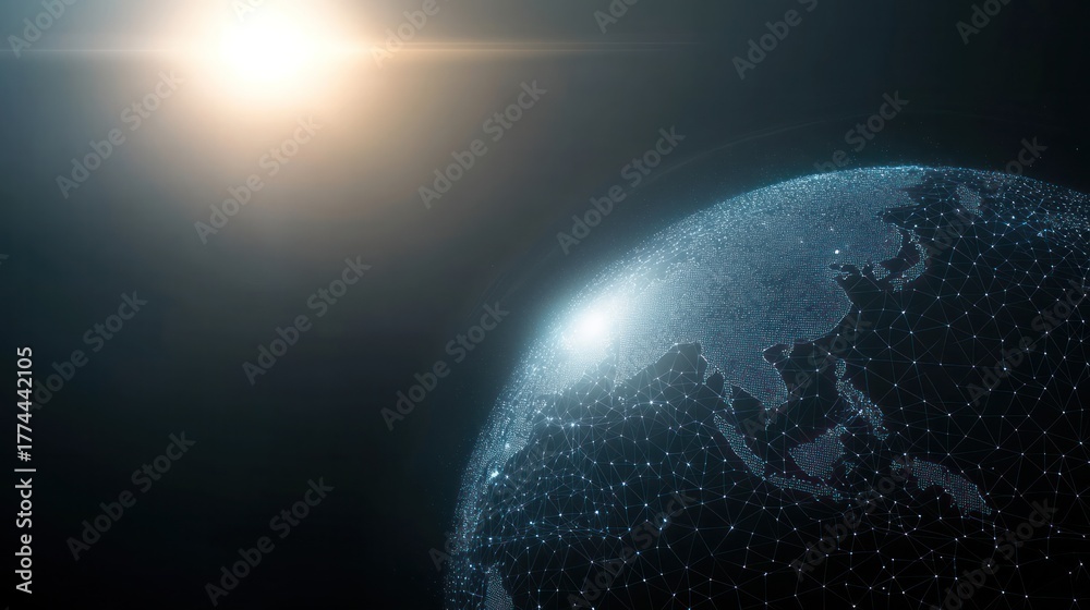 Fototapeta premium Globe, international map, communication, network earth and technology futuristic digital lighting reflection on dark space.