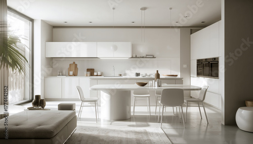 Modern minimalist kitchen and dining area with white furniture and decor