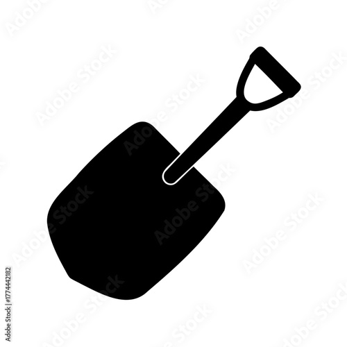 A simple black and white silhouette of a gardening or digging shovel