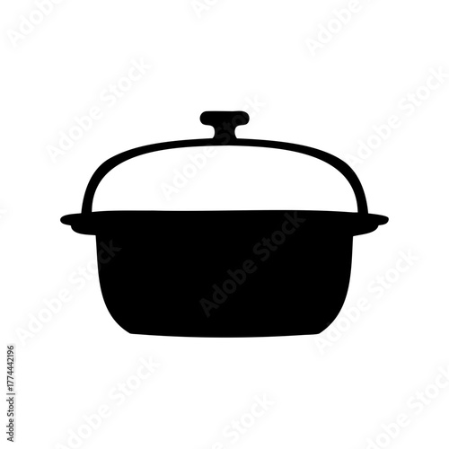 Illustration of a black cast iron pot with a lid on white