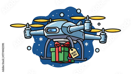 Christmas AI Drone Delivering Festive Gift Package Line Art Illustration