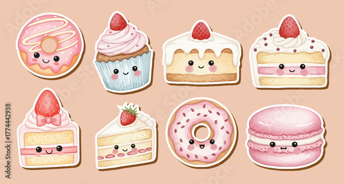 Cake and sweet dessert. Cute cupcakes and pastries with happy faces perfect for kids projects, bakery themes, and decoration. kawaii hand-drawn watercolor illustration isolated on white background