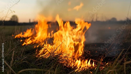 Fiery flames rising from dry grass at sunset