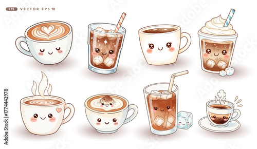 Sets of coffee characters. Cute hot and iced coffee cups with smiling faces, latte art, and whipped cream. hand-drawn watercolor illustration isolated on white background
