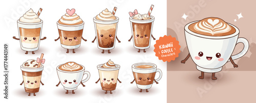 Sets of coffee characters. Cute hot and iced coffee cups with smiling faces, latte art, and whipped cream. hand-drawn watercolor illustration isolated on white background