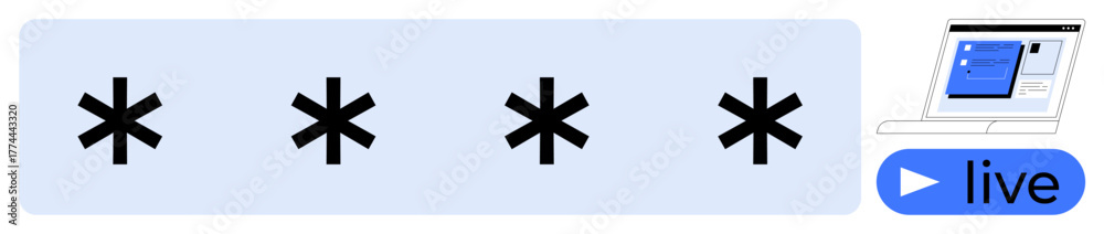 Obraz premium Black asterisks as password mask, a laptop screen with login elements, and a blue live button. Ideal for security, authentication, technology, online support, privacy, data protection simple flat