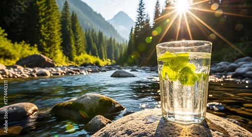 Refreshing glass of cool clear water with mint and lime slices resting on a rock next to a flowing mountain stream surrounded by pine trees and sunbeams
