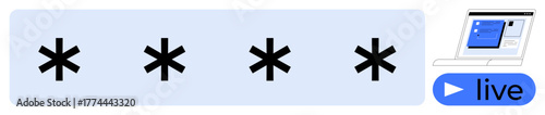 Black asterisks as password mask, a laptop screen with login elements, and a blue live button. Ideal for security, authentication, technology, online support, privacy, data protection simple flat