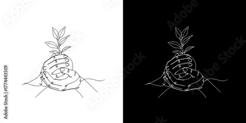 Hands gently wrapping around a small plant with leaves for mental health, isolated vector image in line art style, on transparent and black backgrounds
 