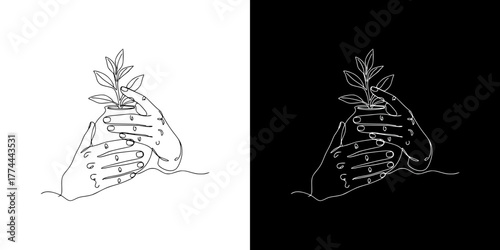 Hands gently wrapping around a small plant symbolizing mental health, caring for yourself and loved ones, isolated vector image in line art style, on transparent and black backgrounds
  