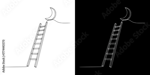 Ladder reaching toward a crescent moon symbolizing mental health, achieving goals, isolated vector image in line art style, on transparent and black backgrounds
  